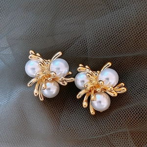 Flower Artificial Pearl Stud Earrings With 925 Sterling Silver Earring Post Golden Branch Exquisite Elegant Jewelry For Women