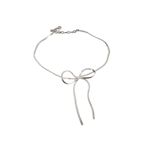 Silver bow pendant minimalist snake chain necklace with a sleek geometric aesthetic