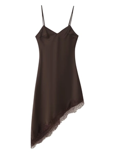Detail of coffee brown satin dress featuring delicate lace hem and asymmetrical cut