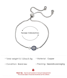 Detail view of silver Evil Eye bracelet with size chart and technical specifications