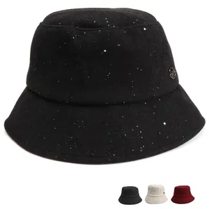 Bucket Hat Women Woolen Blend Sequin Glitter Flat Top Winter Warm Outdoor Fashionable Fisherman Hat With Metal Logo