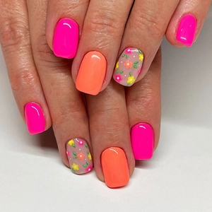Hot Pink Orange Floral Press On Nails Short Square Full Cover Glossy Manicure Art Fresh Style False Nails For Women