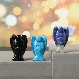 Detailed trio of carved gemstone angels in obsidian, lapis lazuli and turquoise finish