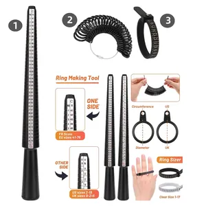 Detailed ring sizer kit with measuring stick, finger gauge rings and US/EU size belt