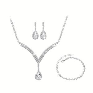 Detailed view of silver bridesmaid jewelry set with teardrop zircon necklace and earrings