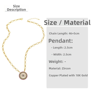Macro detail of 18K gold plated necklace showing 2.5cm colorful zircon pendant and O-chain