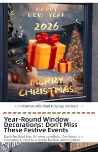 Golden Christmas gift box window stickers with Merry Christmas and 2026 New Year decals