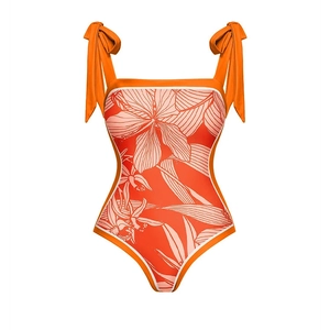 Orange tropical floral one-piece swimsuit with tie-shoulder straps and white piping trim