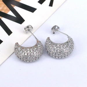 Detailed close-up of C-shaped silver earrings featuring rows of shimmering white zircons