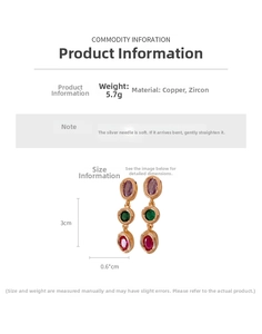 Detail of vintage 3-tier oval zircon drop earrings with purple green and red stones