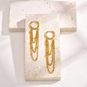Minimalist golden stainless steel hoop earrings with three-layer beaded fringe tassels