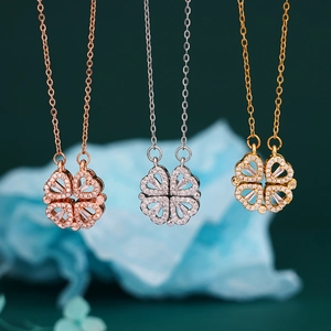 Magnetic Folding Four Leaf Clover Heart Pendant Necklace Copper Rhinestone Light Luxury Fashion Jewelry Gift For Women
