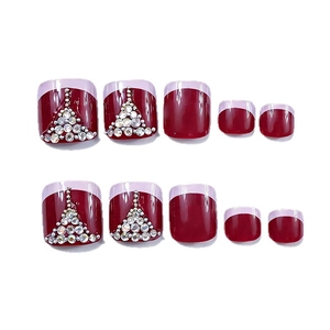 Classic wine red and pink French square press-on toenails with sparkling diamond accents