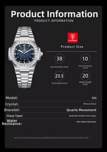 Detailed specs of luxury silver men's watch featuring a 38mm blue dial and quartz movement