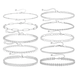 Ten-piece silver stainless steel bracelet set with snake, curb, and paperclip chain styles