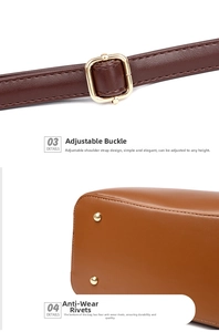 Detail of adjustable strap buckle and metal feet on dark brown leather handbag