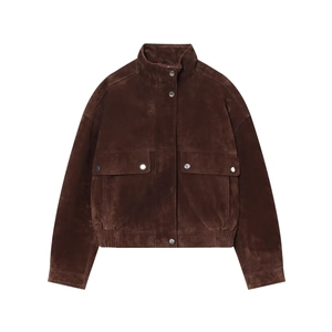 Women Faux Suede Bomber Jacket Stand Collar Metal Button Flap Pockets Casual Streetwear Solid Brown Coat