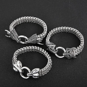 Retro dragon and wolf head biker bracelets in silver stainless steel for men