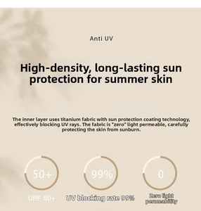 Detail of UV protection umbrella showing UPF 50+ rating and titanium sun coating fabric