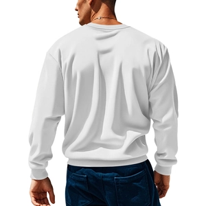 Rear view detail of white men's corduroy patchwork sweatshirt with crew neck style