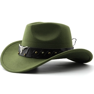 Olive green felt western cowboy hat with vintage bull head emblem and studded leather band