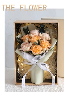 Detail of soap rose bouquet with LED lights in a kraft gift box for Mother's Day