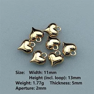 Golden 3D heart charms set for DIY jewelry with size and weight specifications