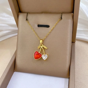 Cherry Heart Pendant Necklace Gold Stainless Steel Copper Red White Crystal Zircon Clavicle Chain Elegant Jewelry Women