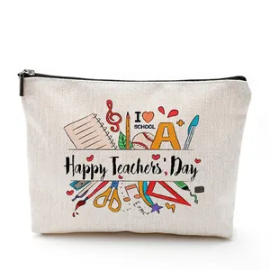 Waterproof linen cotton makeup bag with Happy Teachers' Day print and zipper closure