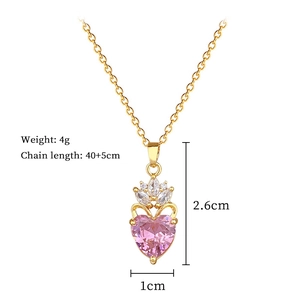 Detail view of pink heart crown necklace with 40+5cm gold chain and 2.6cm pendant
