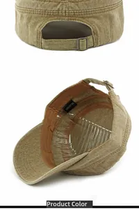 Detail view of khaki cotton flat top military cap showing metal buckle and inner sweatband