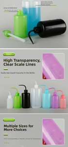 Detail view of graduated plastic squeeze bottles in multiple colors and sizes