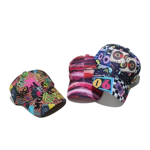 Three retro 80s 90s disco graffiti baseball caps with street art patterns on white background
