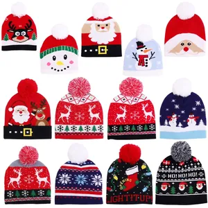 Christmas Knitted Beanie Hat Warm Winter Pompom Santa Reindeer Snowman Patterns Holiday Party Adults Kids