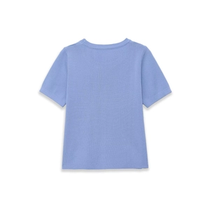 Back view of a light blue short-sleeve knit T-shirt with round neck in a flat lay style