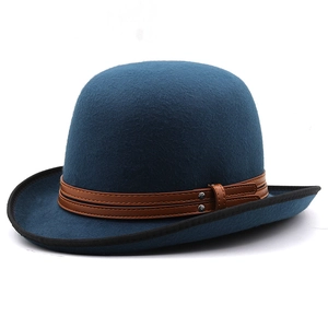 Classic navy blue wool felt bowler hat with brown leather belt and metallic rivets