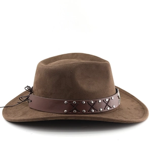Detail of suede cowboy hat with studded leather band and cross-stitch craftsmanship