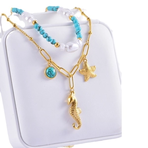 Double-layer turquoise and pearl necklace with seahorse and starfish charms