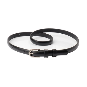 Minimalist black thin leather belt for women with silver alloy buckle on white background