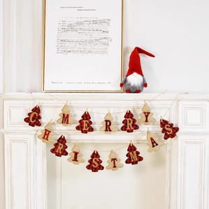 Merry Christmas banner with red buffalo plaid burlap trees over a cozy fireplace