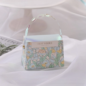 Elegant floral wedding favor gift box with iridescent handles and Best Wishes text