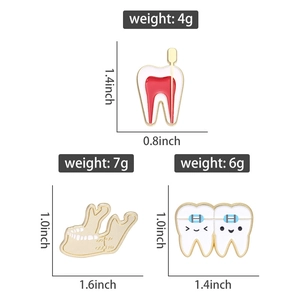 Detail of creative cartoon enamel tooth brooches showing specific sizes and weights