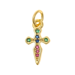 Gold cross pendant with colorful gemstones and top jump ring on a white background