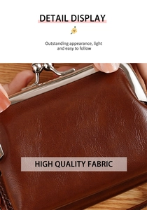 Close-up of brown leather coin purse showing premium lychee texture and metal clasp