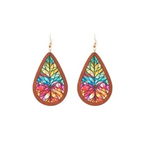 Ethnic teardrop wooden earrings with colorful mosaic prints and metal hooks on white background