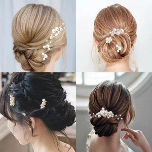 Handmade bridal hair comb and pin set with white pearls on various hairstyles