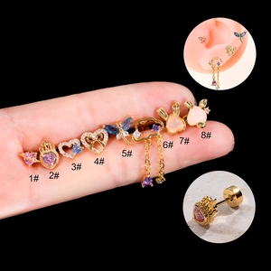 Fashion Ear Cartilage Studs Stainless Steel Copper Zircon Heart Bowknot Dragonfly Shapes Screw Back Piercing Jewelry For Women