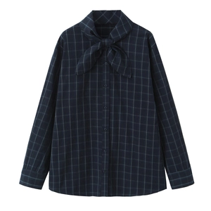 Women Plaid Blouse Polyester Bow Tie Scarf Collar Long Sleeve Loose Fit Casual Button Down Shirt