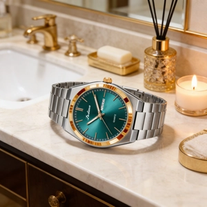 Close-up of elegant green dial watch with dual calendar display on marble surface