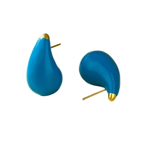 Sky blue enamel teardrop earrings with golden metal accents on a clean white background